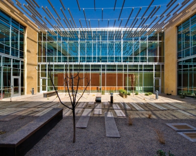 Courtyard of an office building with benches
